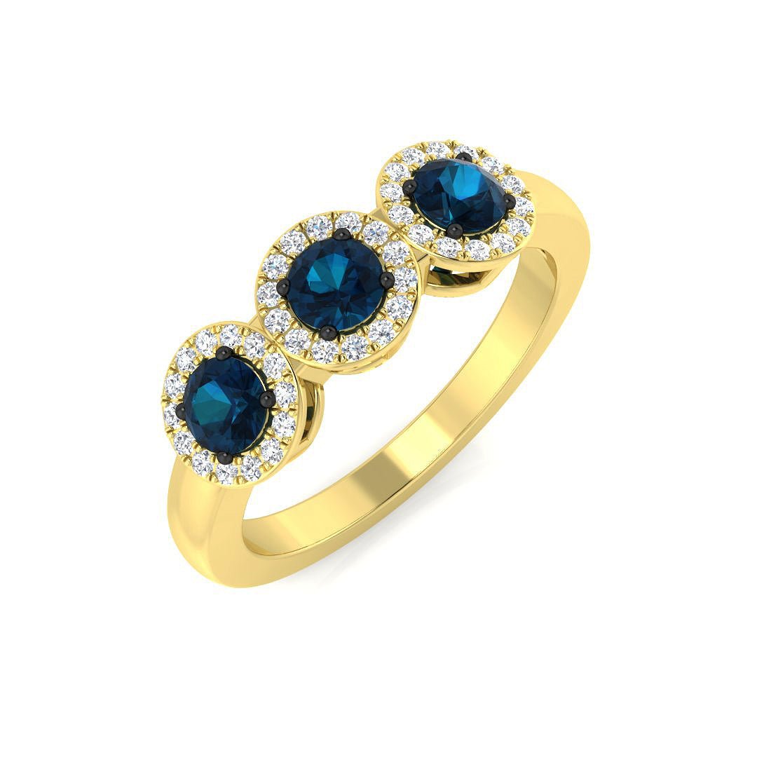 14K Gold 3-Stone Blue Diamond Ring with Halo (Blue Diamonds 0.5 cts ...