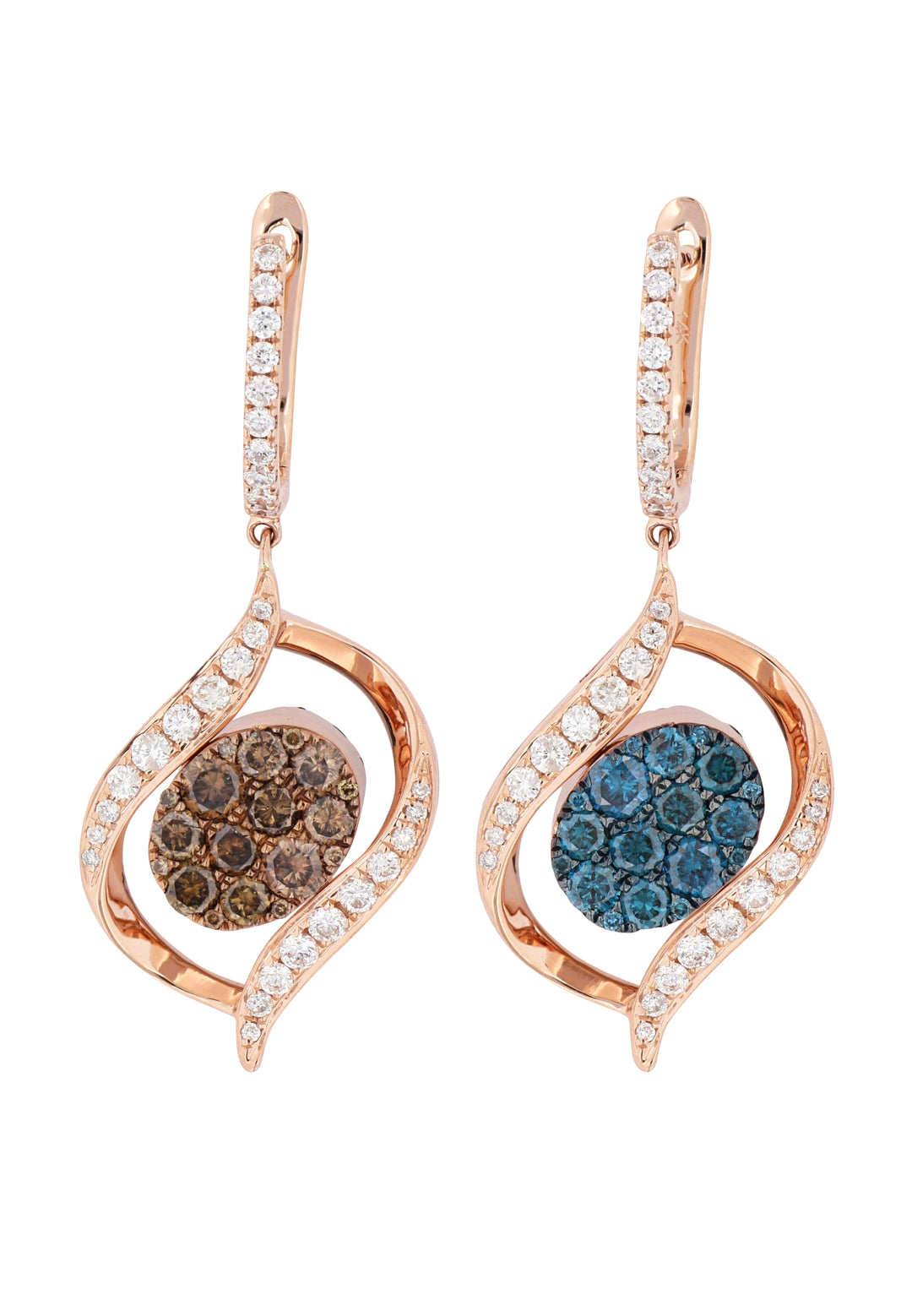 Brown and Blue Diamond Earrings (Brown Diamond 1.22 cts. Blue Diamond 1.13 cts. White Diamond 0.59 cts.)