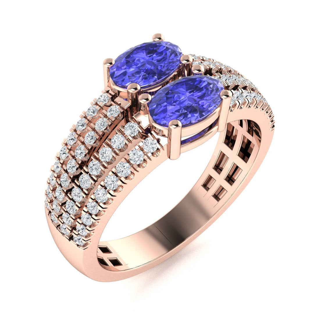 14KT Gold 2-Stone Oval Brilliant Tanzanite and Diamond Ladies Ring (Tanzanite 1.00 cts. White Diamond 0.25 cts.)