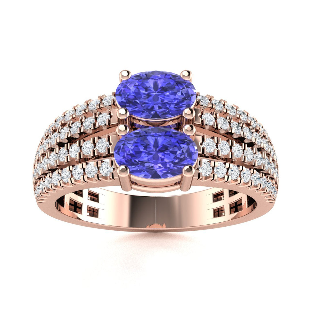 14KT Gold 2-Stone Oval Brilliant Tanzanite and Diamond Ladies Ring (Tanzanite 1.00 cts. White Diamond 0.25 cts.)