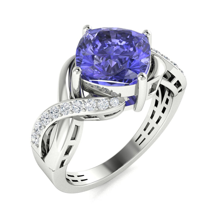 14KT Gold Cushion Tanzanite and Diamond Ladies Ring (Tanzanite 2.25 cts. White Diamond 0.20 cts.)