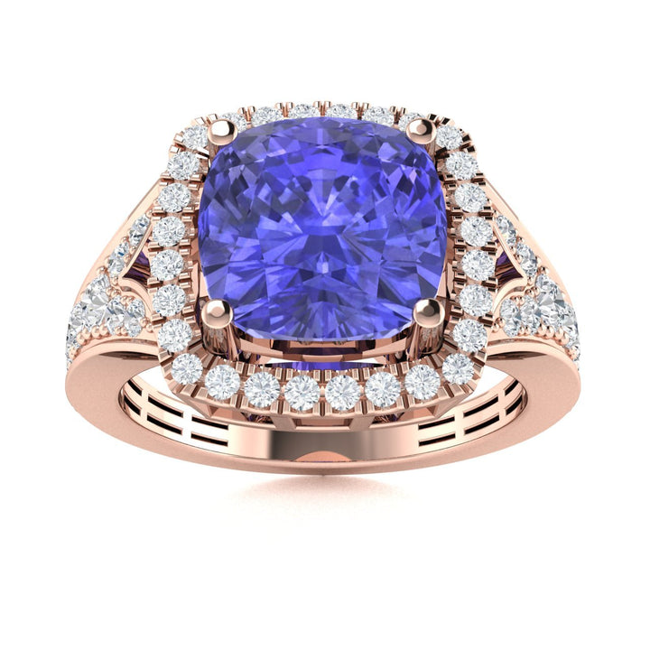 14KT Gold Cushion Tanzanite and Diamond Ladies Ring (Tanzanite 2.35 cts. White Diamond 0.40 cts.)