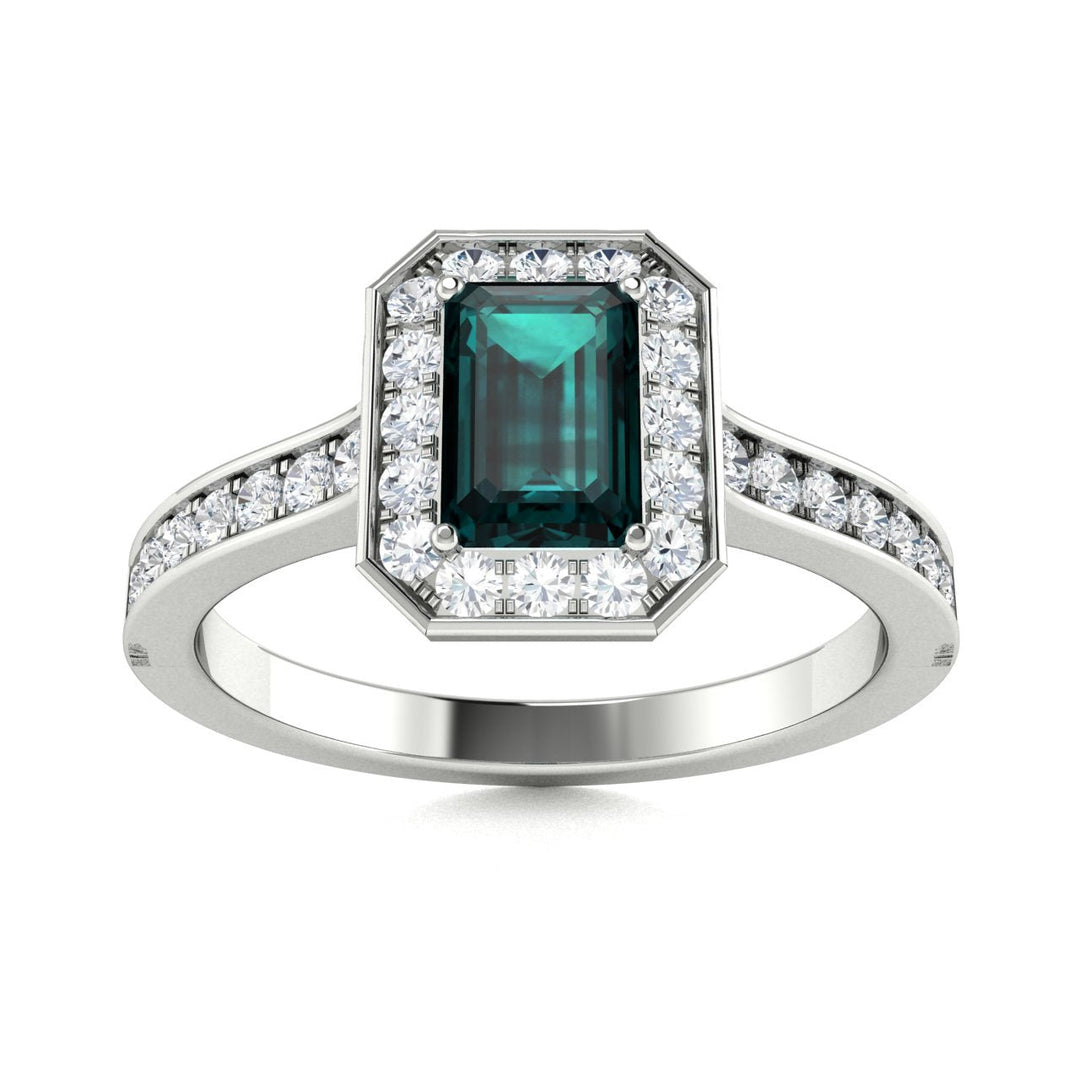 14kt Gold Emerald cut halo set Natural Alexandrite and Diamond Ladies Ring (Alexandrite 1.00 cts. Diamonds 0.50 cts.)