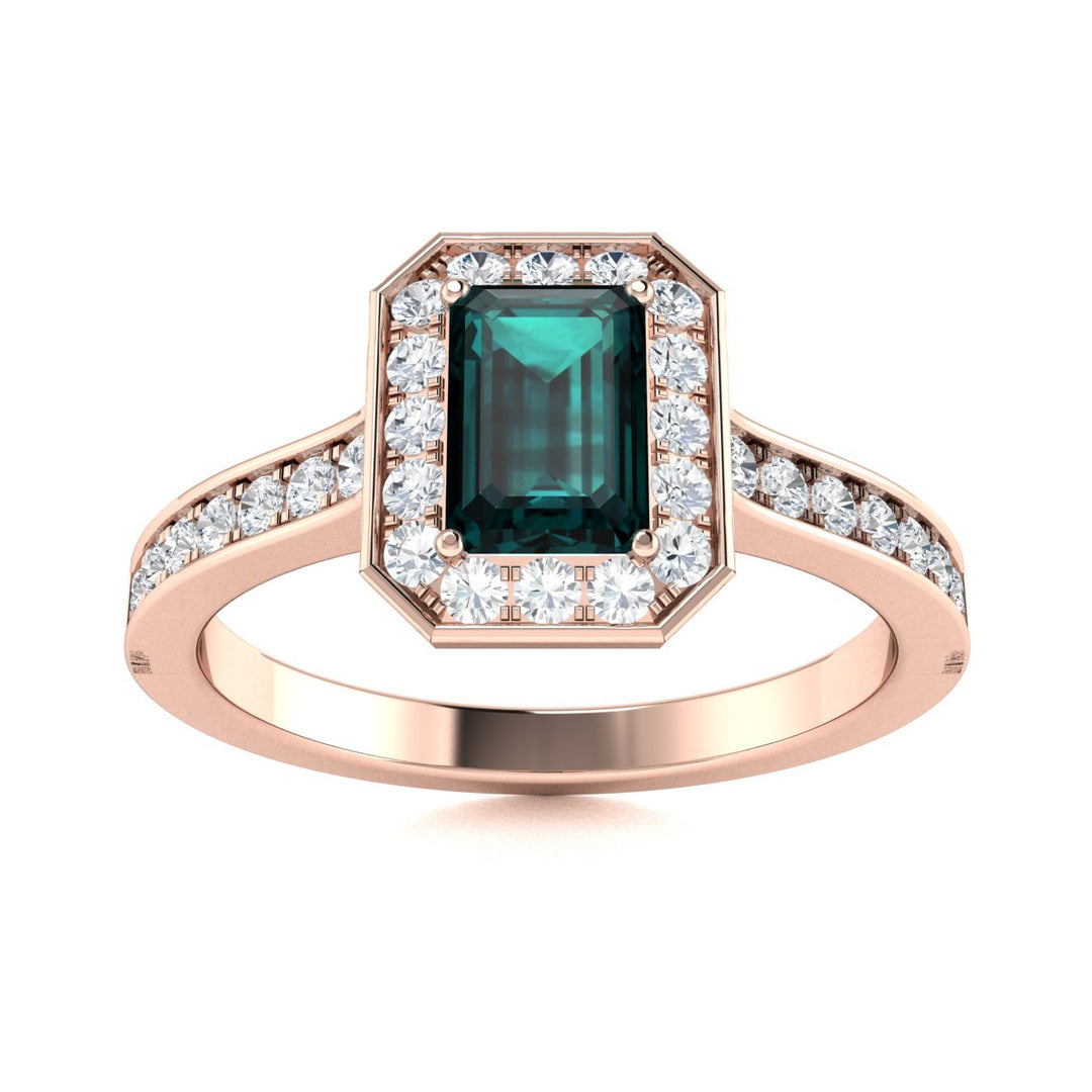 14kt Gold Emerald cut halo set Natural Alexandrite and Diamond Ladies Ring (Alexandrite 1.00 cts. Diamonds 0.50 cts.)