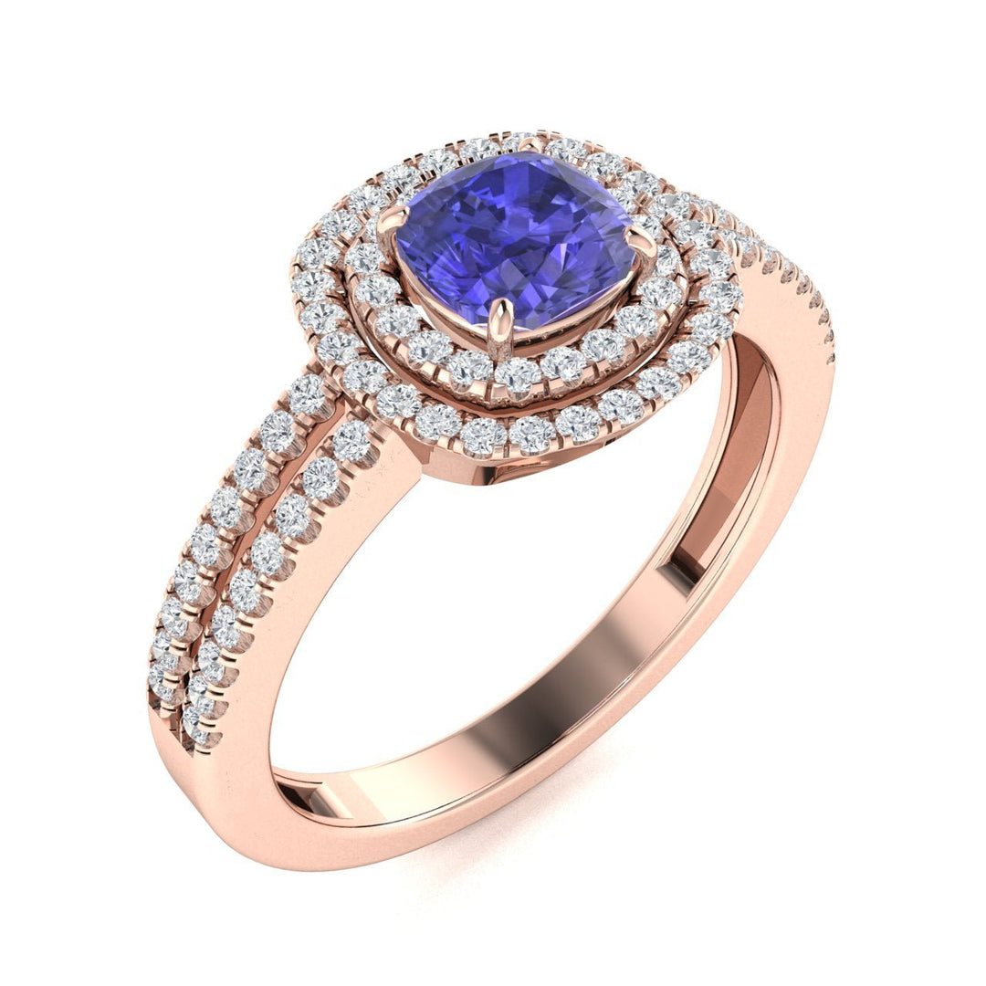 18kt Gold Cushion cut double halo set Tanzanite and Diamond Ladies Ring (Tanzanite 2.00ct Diamonds 0.40cts)