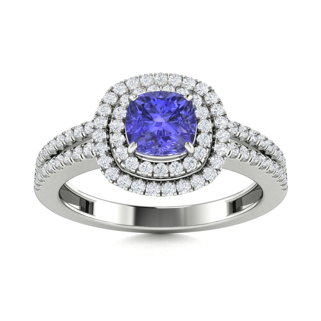 18kt Gold Cushion cut double halo set Tanzanite and Diamond Ladies Ring (Tanzanite 2.00ct Diamonds 0.40cts)