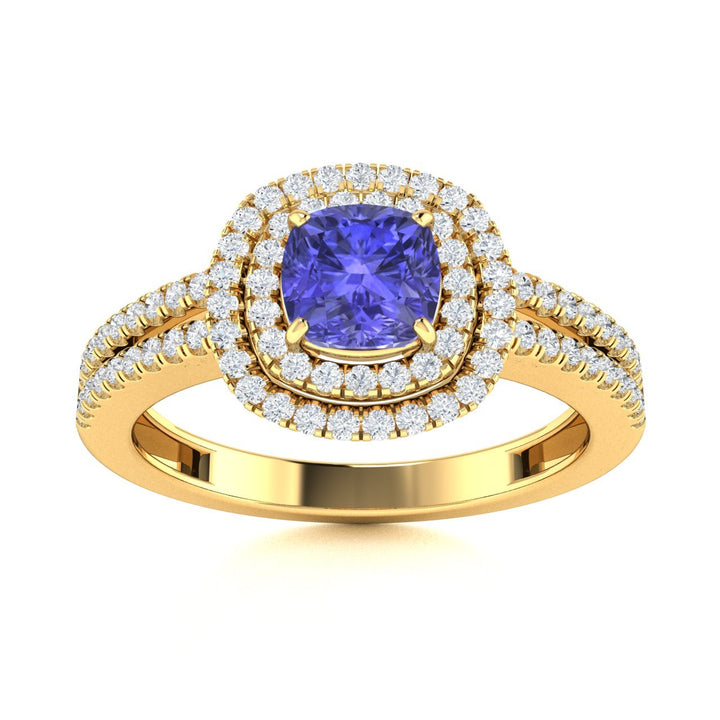 18kt Gold Cushion cut double halo set Tanzanite and Diamond Ladies Ring (Tanzanite 2.00ct Diamonds 0.40cts)