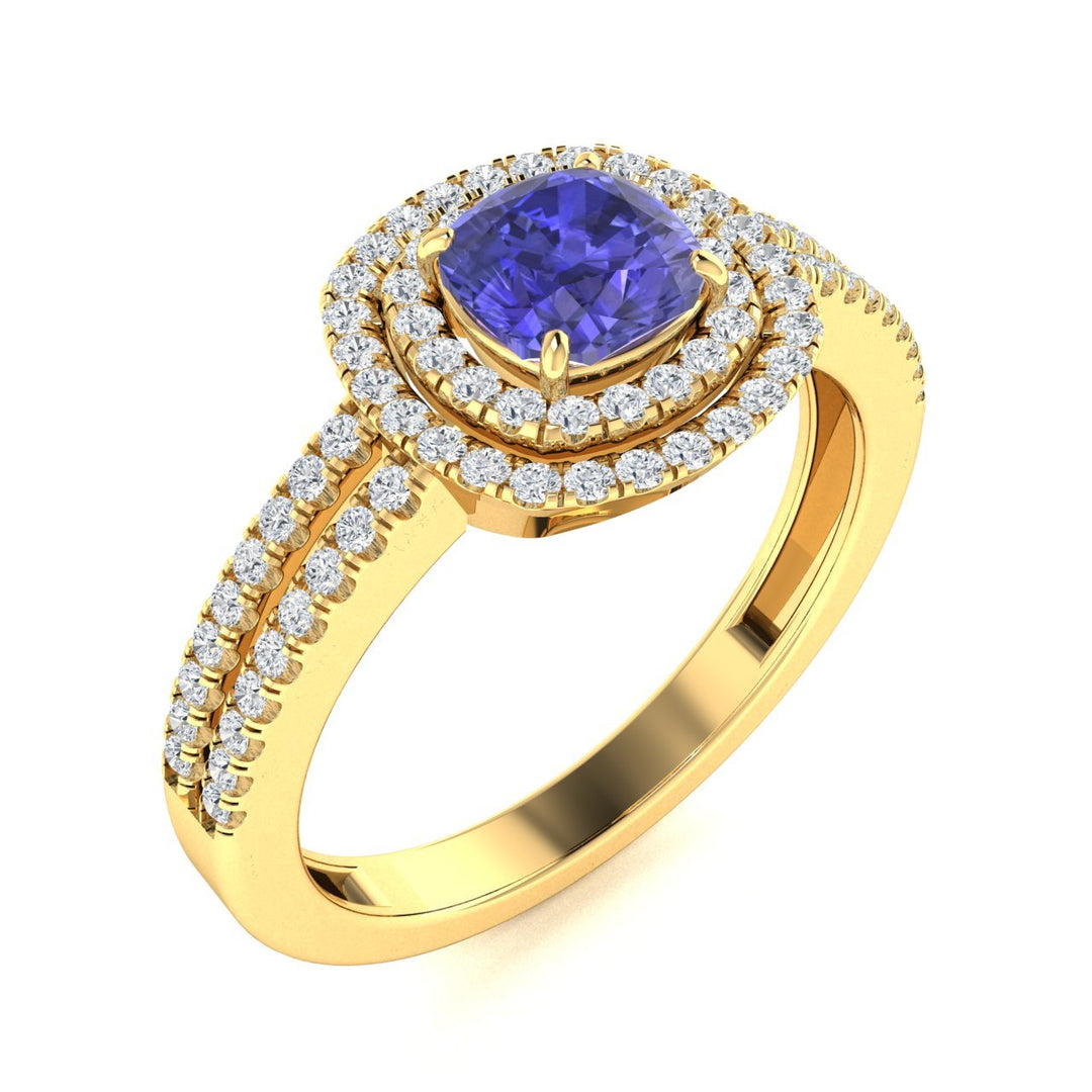 18kt Gold Cushion cut double halo set Tanzanite and Diamond Ladies Ring (Tanzanite 2.00ct Diamonds 0.40cts)