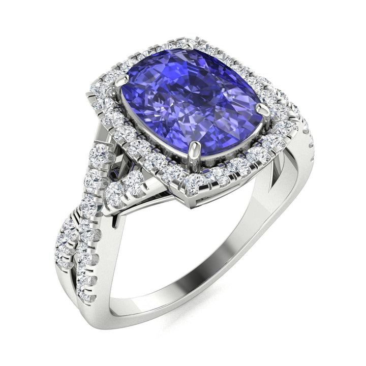 18KT Gold Cushion Tanzanite and Diamond Ladies Ring (Tanzanite 4.71 cts. White Diamond 0.71 cts.)