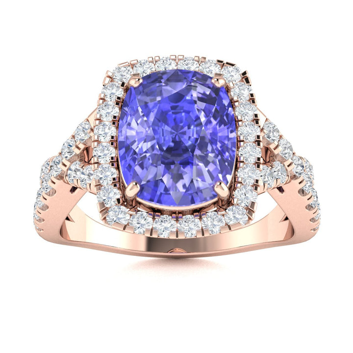 18KT Gold Cushion Tanzanite and Diamond Ladies Ring (Tanzanite 4.71 cts. White Diamond 0.71 cts.)