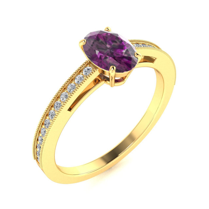 18kt Gold Oval brilliant Natural Color changing Alexandrite and Diamond Ladies Ring (Alexandrite 1.50ct Diamonds 0.20cts)