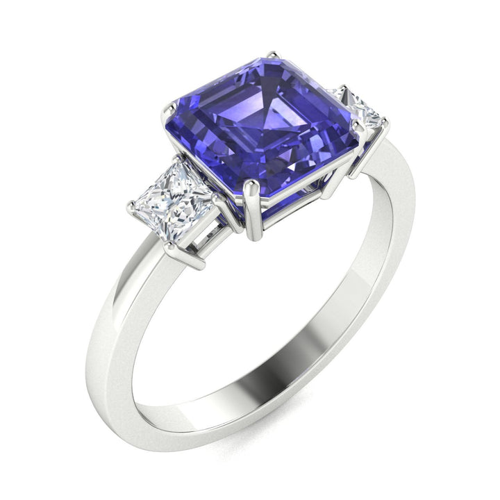 18KT Gold Princess Cut Tanzanite and Diamond Ladies Ring (Tanzanite 3.37 cts. White Diamond 0.29 cts.)