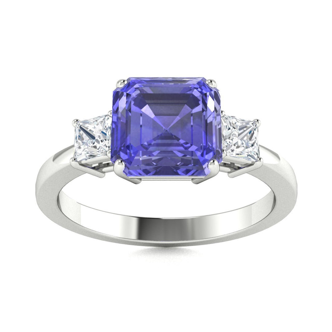 18KT Gold Princess Cut Tanzanite and Diamond Ladies Ring (Tanzanite 3.37 cts. White Diamond 0.29 cts.)