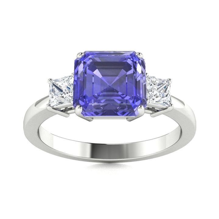 18KT Gold Princess Cut Tanzanite and Diamond Ladies Ring (Tanzanite 3.37 cts. White Diamond 0.29 cts.)