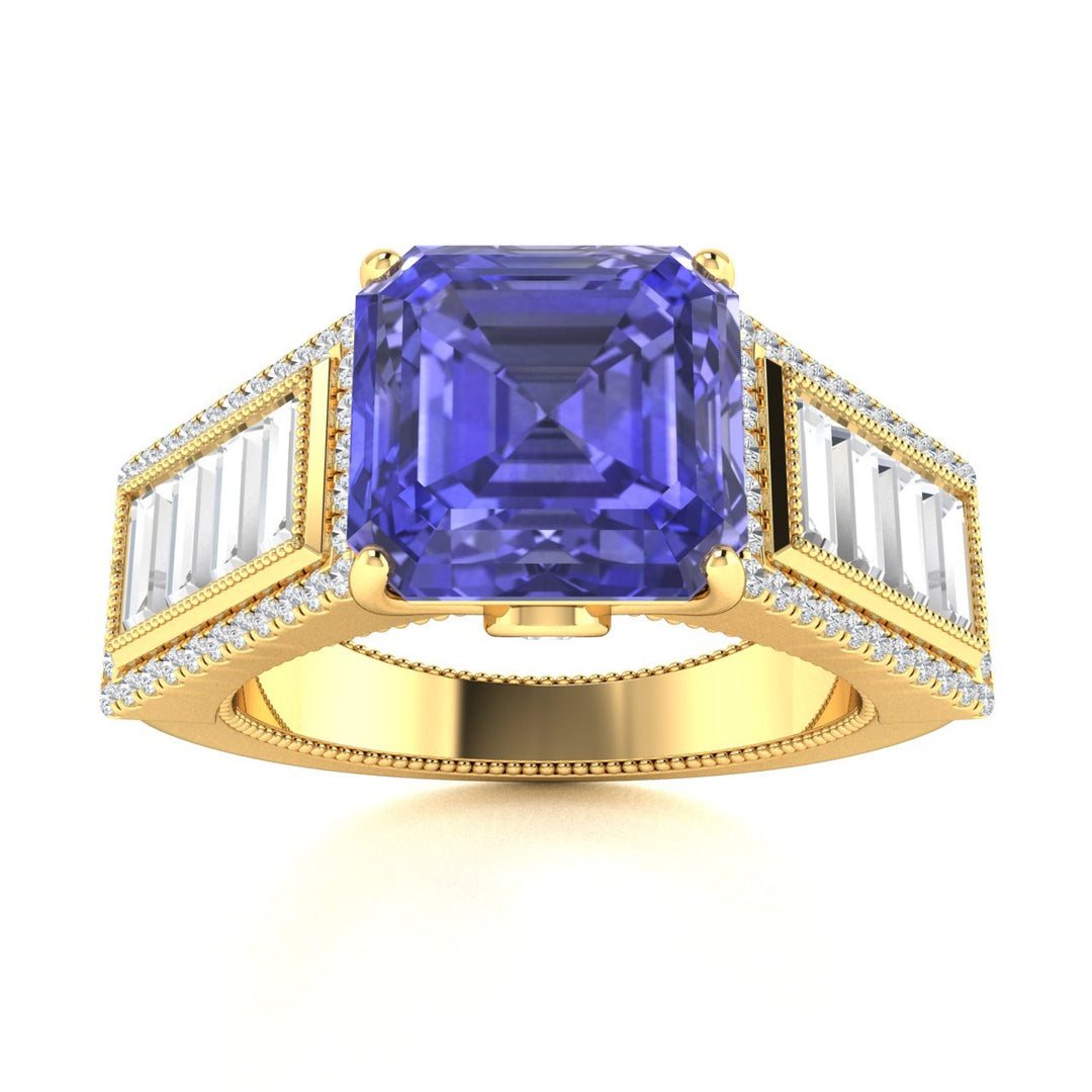 18KT Gold Princess Cut Tanzanite and Diamond Ladies Ring (Tanzanite 4.02 cts. White Diamond 0.80 cts.)