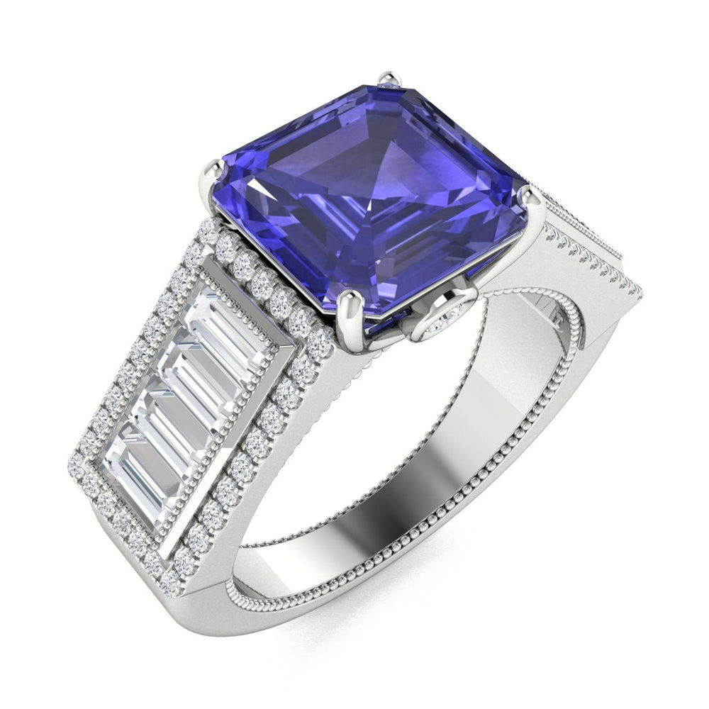 18KT Gold Princess Cut Tanzanite and Diamond Ladies Ring (Tanzanite 4.02 cts. White Diamond 0.80 cts.)